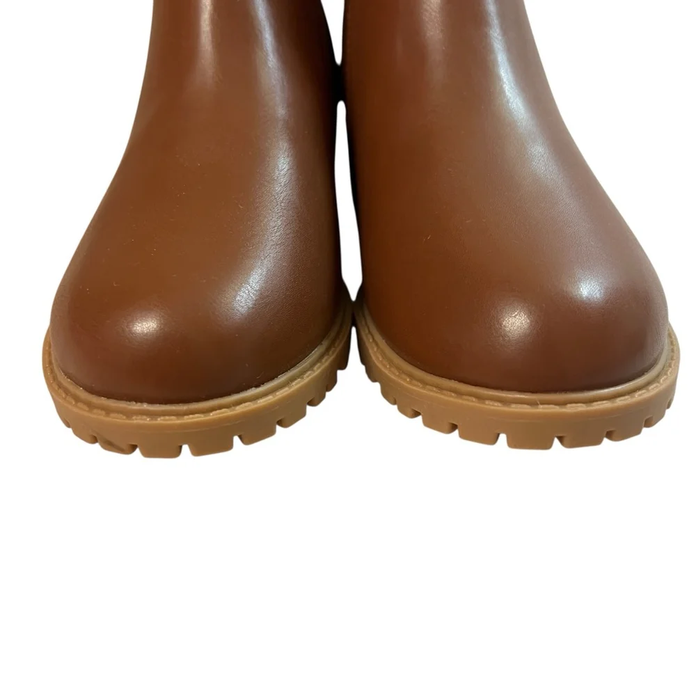 Brown Side Zip Lug Sole Ankle Boots Girls Size 4Y Faux Leather Chelsea Style